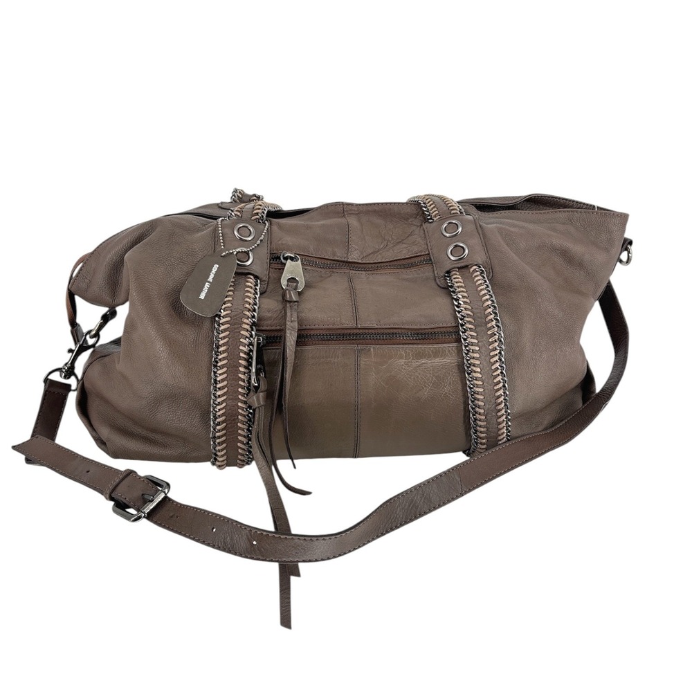 Joelle Hawkens Taupe Brown Pebbled Leather Slouchy Hobo Bag Moto Chain Trim